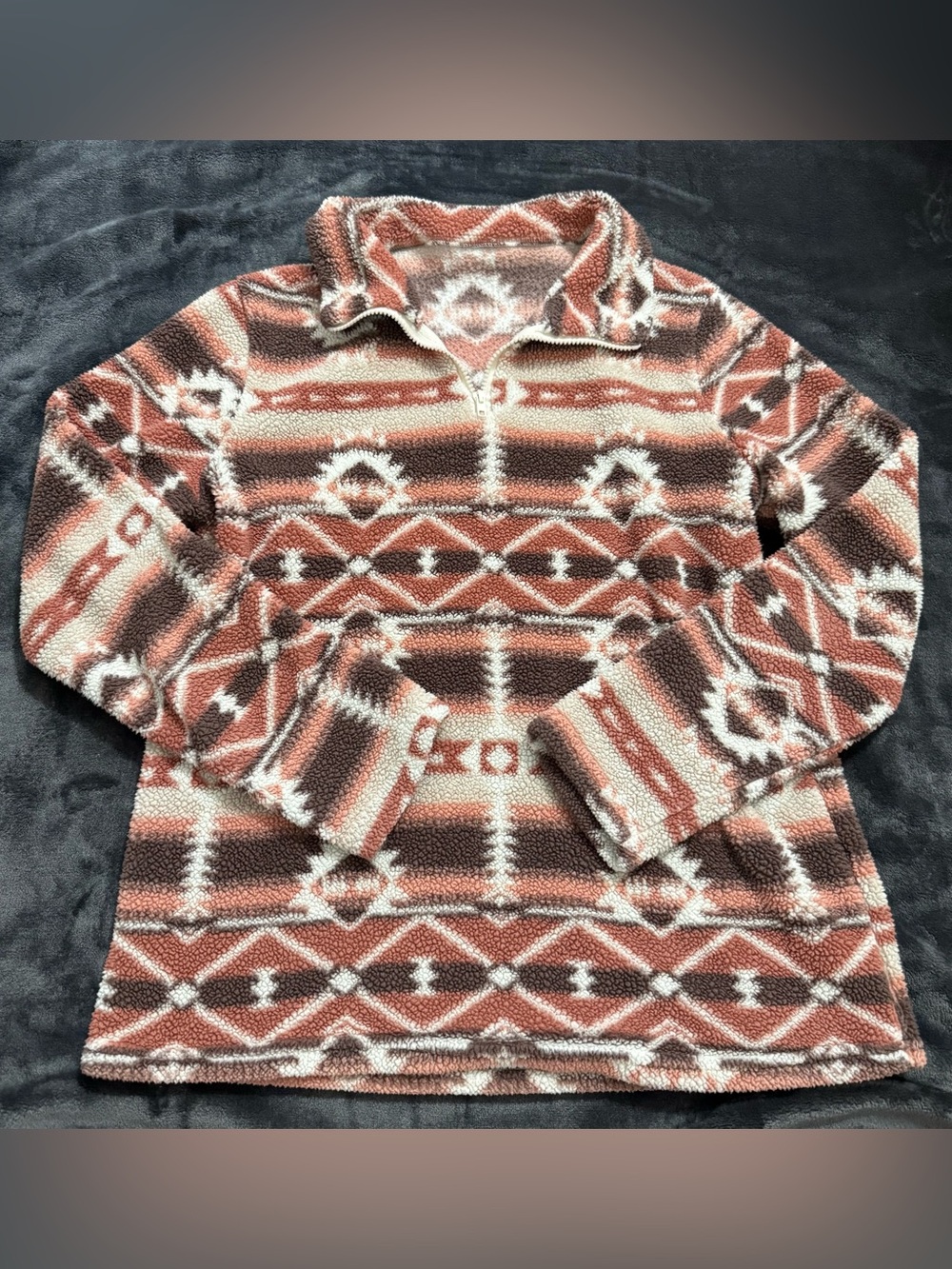 Women’s Aztec Pattern Sherpa Pullover Sweater - Rust/White